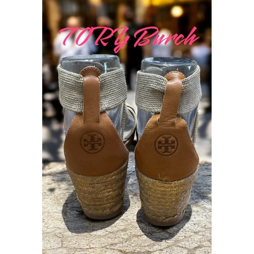 🤑Tory Burch🤎 Espidril Peeptoe Wedge‎ Platform. Strappy Sandals Size 7$150